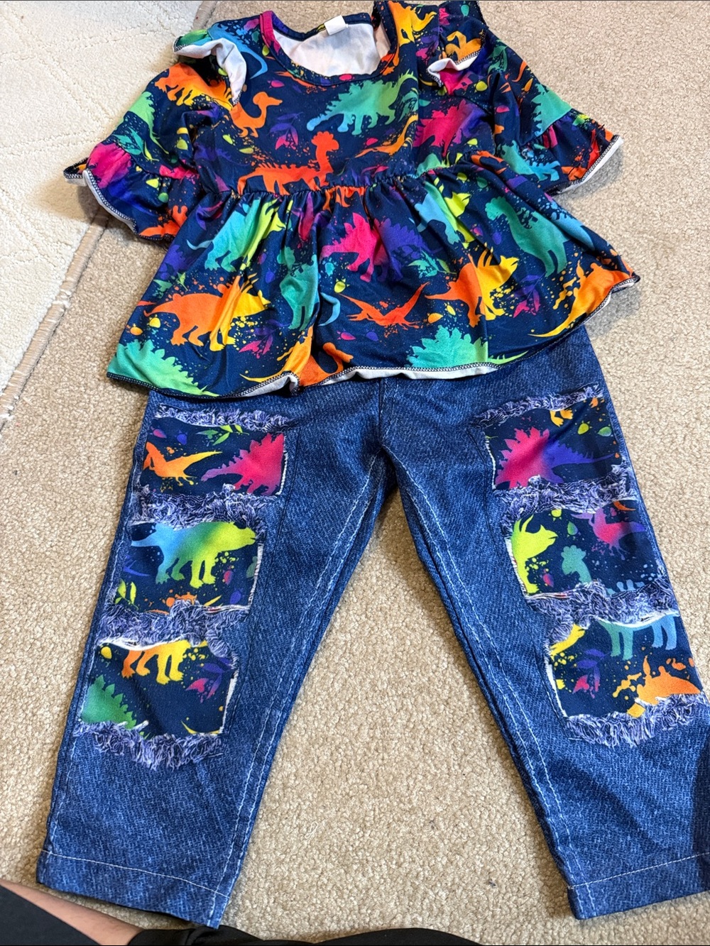 Girls' Two-Piece Neon Dinosaur Top & Denim Patch Pants